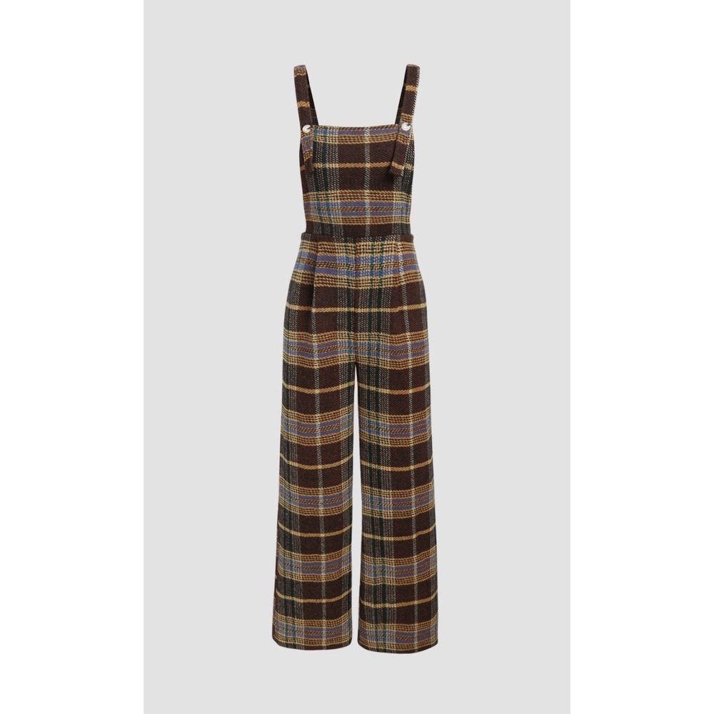 Cider Plaid Overalls Jumpsuit Boho Wide Leg Brown Check Pinafore Women M